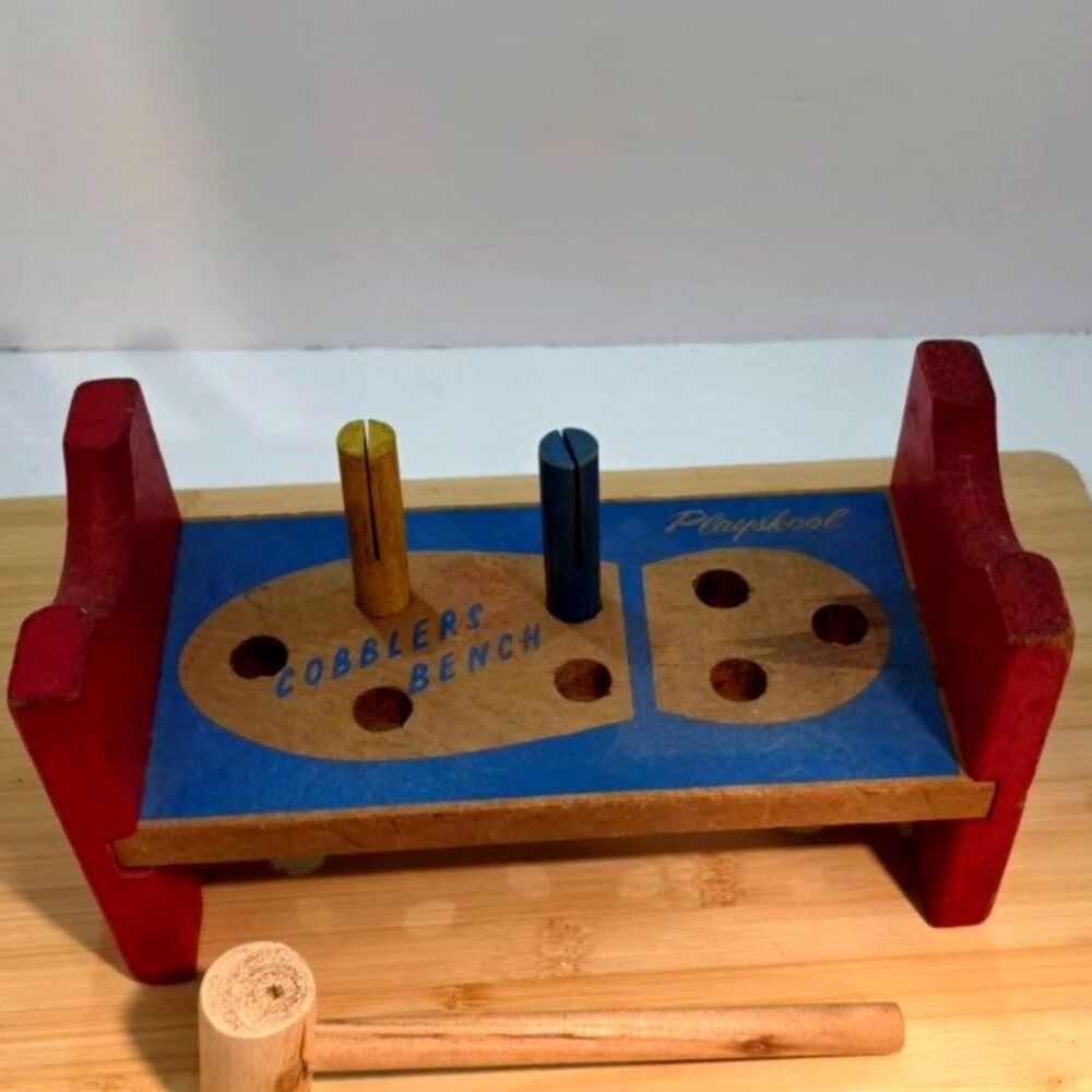 Vintage Playskool Cobbler’s Bench Wooden Pounding Toy with Mallet and Pegs